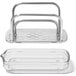 A stainless steel OXO Good Grips sponge holder with a metal tray and stand.