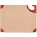 A brown plastic San Jamar cutting board with a red handle.