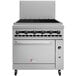 A Wolf stainless steel natural gas charbroiler with convection oven base.