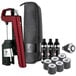A red and black Coravin Timeless Six Plus wine preservation system in a black case with bottles.
