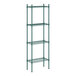 A green metal Regency wire shelving unit with four shelves.