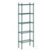 A green wire shelving unit with five shelves.