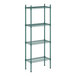 A green wire shelving unit with four shelves.