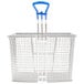 A metal fryer basket with blue handles.