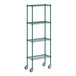 A green metal Regency wire shelving unit with casters.