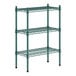 A green metal Regency shelf unit with three shelves.