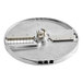 A round metal julienne disc attachment for a food processor, designed for cutting ingredients into thin strips.