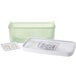 An OXO green plastic rectangular container with a lid and a green colander tray.