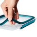 A hand holding a white OXO Prep & Go rectangular food storage container with a blue lid.