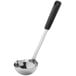 An OXO silver stainless steel ladle with a black handle.