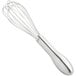 A close-up of a silver OXO SteeL narrow whisk with a handle.