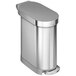 A simplehuman brushed stainless steel trash can with a plastic lid.