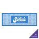 A blue rectangular partition panel with a white square weave pattern.