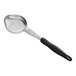 A Vollrath stainless steel perforated oval Spoodle with a black handle.