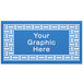 A sky blue square weave pattern panel with white rectangle and text.