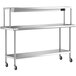 A silver metal Regency work table with a single overshelf and undershelf.