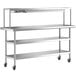 A silver stainless steel Regency expeditor table with shelves on wheels.