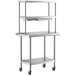 a silver metal shelf on wheels