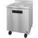 A stainless steel Hoshizaki worktop freezer with black wheels.