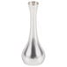 A close-up of a Tablecraft silver metal tear drop bud vase with a thin neck.