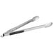 Stainless steel tongs with black handles.