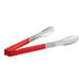 Two Vollrath stainless steel tongs with red Kool-Touch handles.