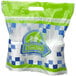 A white plastic bag with a green and blue checkerboard pattern and a logo for Fast Take with cups in it.