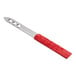 An 8 1/4-inch stainless steel jalapeno corer with a red thermoplastic rubber handle.