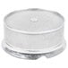 A silver metal container with a round lid and holes in the bottom.