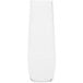 A clear plastic stemless champagne flute with a white background.
