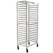 An Advance Tabco white metal sheet pan rack with wheels.