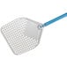 An anodized aluminum pizza peel with a blue handle and square perforations.