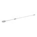 A long-handled stainless steel round perforated pizza peel with blue grips.