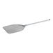 A square perforated aluminum pizza peel with a long handle.