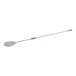 A stainless steel round perforated pizza peel with a long handle.
