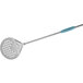 A GI Metal stainless steel round perforated pizza peel with a blue handle.