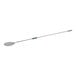 A long-handled stainless steel round perforated pizza peel with a blue grip.