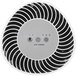 A white air purifier tower with black and white circles and three buttons.