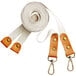 a white and orange strap with metal clasps