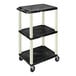 A black Luxor Tuffy AV cart with three shelves and wheels.