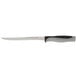 A Dexter-Russell V-Lo scalloped utility knife with a black handle and silver blade.