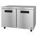 A stainless steel Hoshizaki undercounter refrigerator with black handles.
