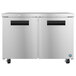 A stainless steel Hoshizaki undercounter refrigerator with two doors with black handles.