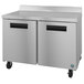 A Hoshizaki stainless steel worktop freezer on wheels.