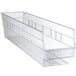 A clear plastic Regency shelf bin with a handle.