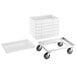 A white plastic tray with a white metal frame and black wheels.