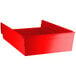 A red plastic Regency shelf bin with an open lid.