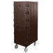 A dark brown plastic double compartment tray and sheet pan carrier with wheels.