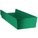 A green plastic Regency shelf bin with an open lid.