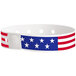 A white wristband with red, white, and blue stars and stripes.